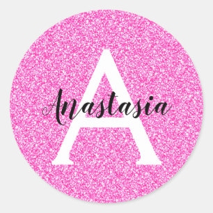 Girly Glam Hot Pink Glitter Sparkles Monogram Ronde Sticker