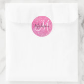 Girly Glam Hot Pink Glitter Sparkles Monogram Ronde Sticker (Tas)
