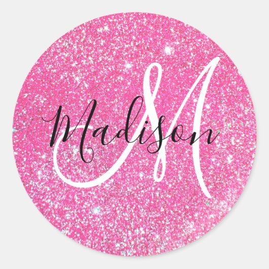 Girly Glam Hot Pink Glitter Sparkles Monogram Ronde Sticker (Voorkant)