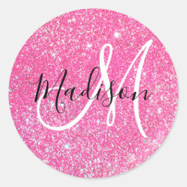 Girly Glam Hot Pink Glitter Sparkles Monogram Ronde Sticker