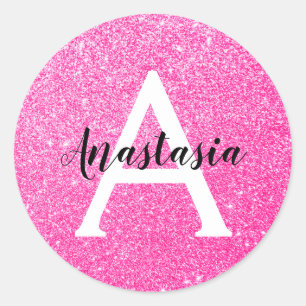 Girly Glam Hot Pink Glitter Sparkles Monogram Ronde Sticker
