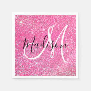 Girly Glam Hot Pink Glitter Sparkles Monogram Servet