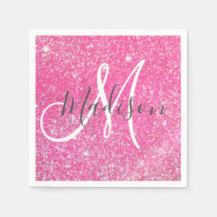 Girly Glam Hot Pink Glitter Sparkles Monogram Servet