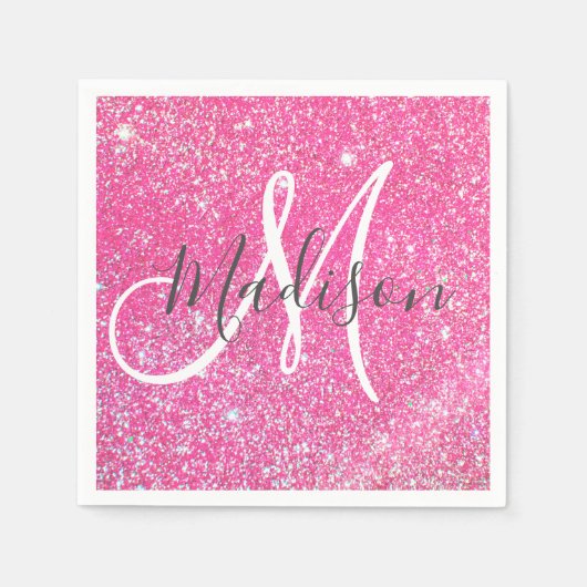 Girly Glam Hot Pink Glitter Sparkles Monogram Servet (Voorkant)