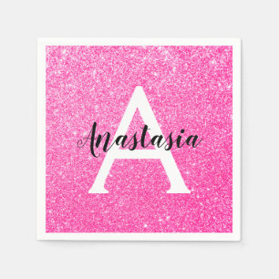 Girly Glam Hot Pink Glitter Sparkles Monogram Servet