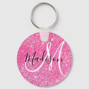 Girly Glam Hot Pink Glitter Sparkles Monogram Sleutelhanger