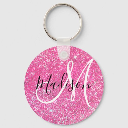 Girly Glam Hot Pink Glitter Sparkles Monogram Sleutelhanger (Voorkant)