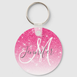 Girly Glam Hot Pink Glitter Sparkles Monogram Sleutelhanger