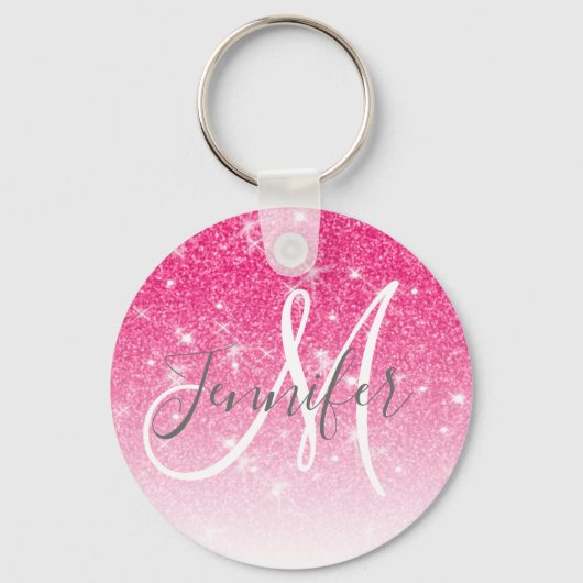 Girly Glam Hot Pink Glitter Sparkles Monogram Sleutelhanger (Voorkant)