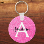 Girly Glam Hot Pink Glitter Sparkles Monogram Sleutelhanger (Voorkant)