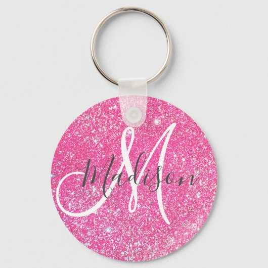 Girly Glam Hot Pink Glitter Sparkles Monogram Sleutelhanger (Voorkant)