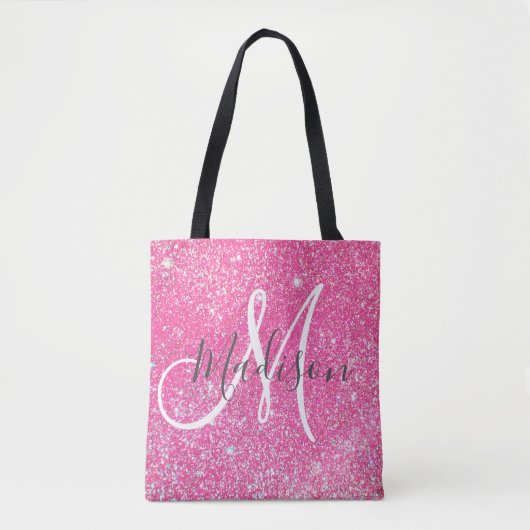 Girly Glam Hot Pink Glitter Sparkles Monogram Tote Bag (Voorkant)