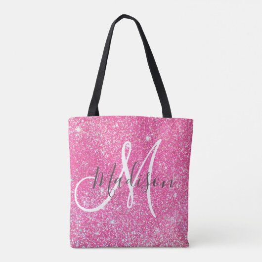 Girly Glam Hot Pink Glitter Sparkles Monogram Tote Bag (Achterkant)