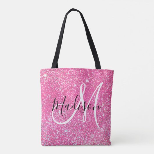 Girly Glam Hot Pink Glitter Sparkles Monogram Tote Bag (Achterkant)