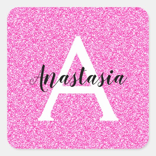 Girly Glam Hot Pink Glitter Sparkles Monogram Vierkante Sticker (Voorkant)