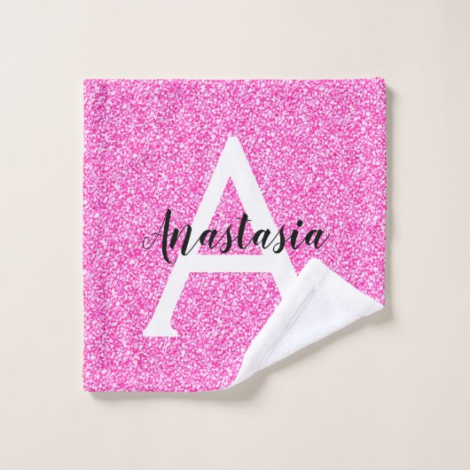 Girly Glam Hot Pink Glitter Sparkles Monogram Washandje (Wasdoekje)