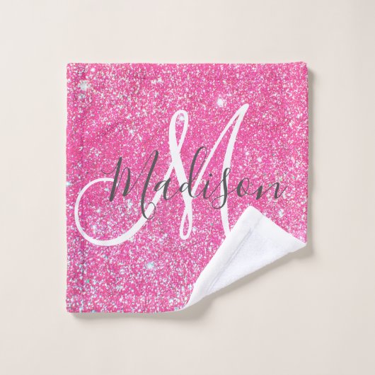 Girly Glam Hot Pink Glitter Sparkles Monogram Washandje (Wasdoekje)