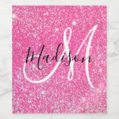Girly Glam Hot Pink Glitter Sparkles Monogram Wijn Etiket (Enkel label)