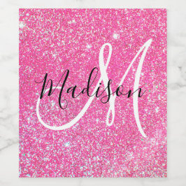 Girly Glam Hot Pink Glitter Sparkles Monogram Wijn Etiket