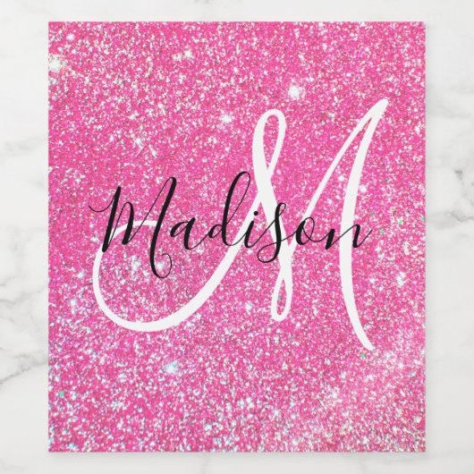Girly Glam Hot Pink Glitter Sparkles Monogram Wijn Etiket (Enkel label)
