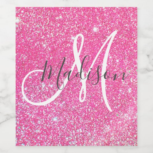 Girly Glam Hot Pink Glitter Sparkles Monogram Wijn Etiket (Enkel label)