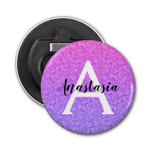 Girly Glam Ombre Paarse Glitter Sparkles Monogram Button Flesopener