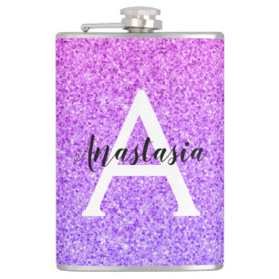 Girly Glam Ombre Paarse Glitter Sparkles Monogram Heupfles