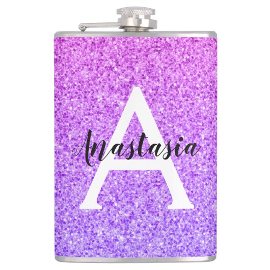 Girly Glam Ombre Paarse Glitter Sparkles Monogram Heupfles (Voorkant)