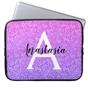 Girly Glam Ombre Paarse Glitter Sparkles Monogram Laptop Sleeve