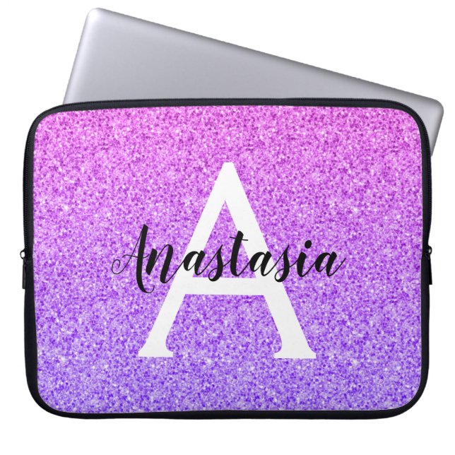 Girly Glam Ombre Paarse Glitter Sparkles Monogram Laptop Sleeve (Voorkant)