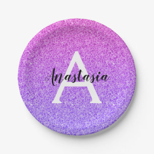 Girly Glam Ombre Paarse Glitter Sparkles Monogram Papieren Bordje