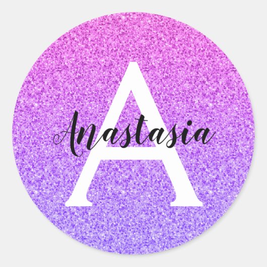 Girly Glam Ombre Paarse Glitter Sparkles Monogram Ronde Sticker (Voorkant)