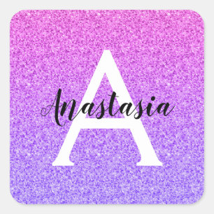 Girly Glam Ombre Paarse Glitter Sparkles Monogram Vierkante Sticker