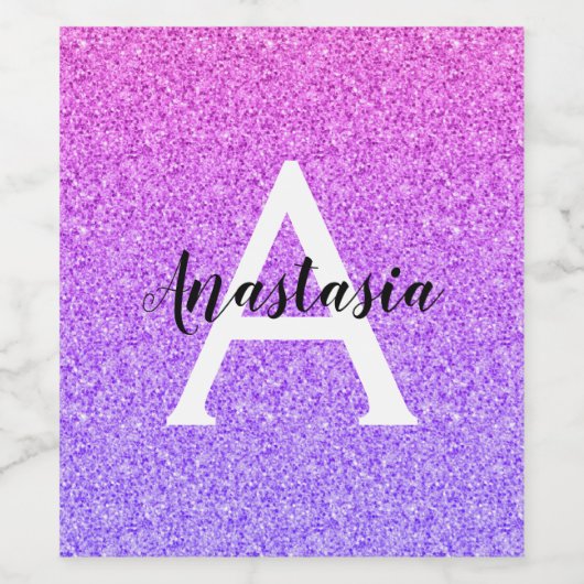Girly Glam Ombre Paarse Glitter Sparkles Monogram Wijn Etiket (Enkel label)