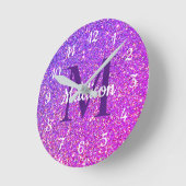 Girly Glam Paars Glitter Monogram Gepersonaliseerd Ronde Klok (Hoek)