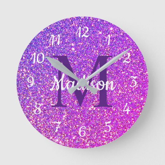 Girly Glam Paars Glitter Monogram Gepersonaliseerd Ronde Klok (Voorkant)