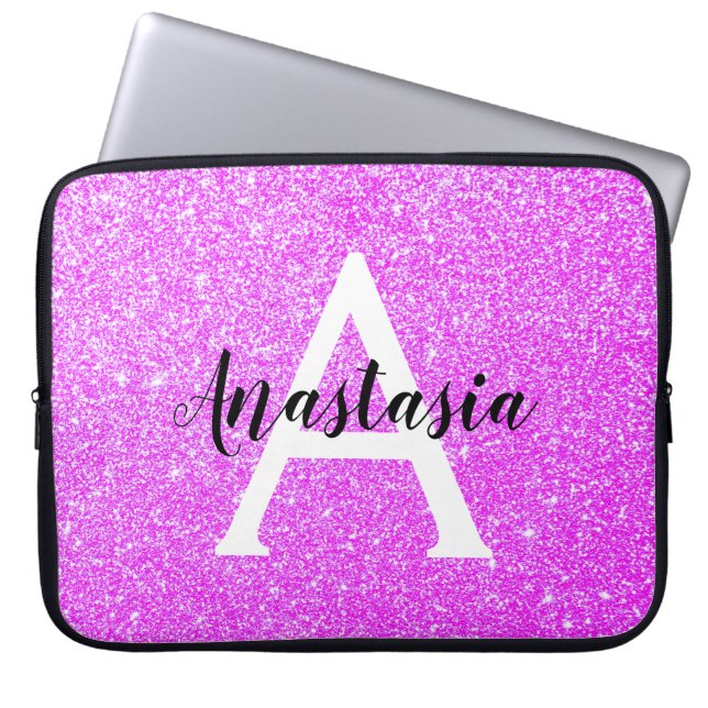 Girly Glam Paars Glitter Sparkles Monogram Laptop Sleeve (Voorkant)