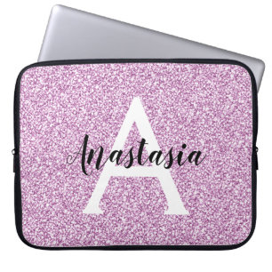 Girly Glam Paars Glitter Sparkles Monogram Laptop Sleeve