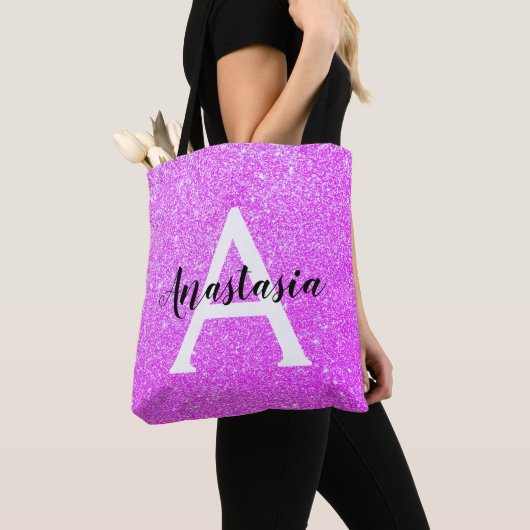 Girly Glam Paars Glitter Sparkles Monogram Tote Bag (Dichtbij)