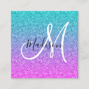 Girly Glam Pink Blue Paars Glitter Ombre Monogram Vierkante Visitekaartje