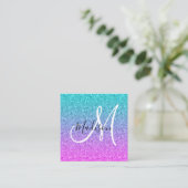 Girly Glam Pink Blue Paars Glitter Ombre Monogram Vierkante Visitekaartje (Staand voorkant)