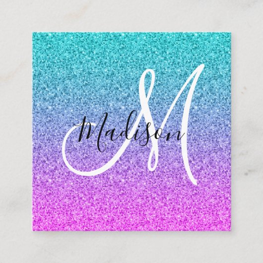 Girly Glam Pink Blue Paars Glitter Ombre Monogram Vierkante Visitekaartje (Voorkant)