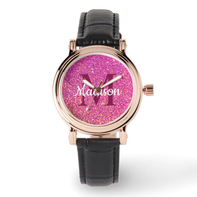 Girly Glam Pink Glitter Chic Monogram Naam Horloge (Voorkant)
