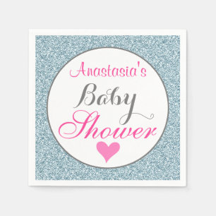 Girly Glam Pink Light Sky Blue Glitter Baby shower Servet