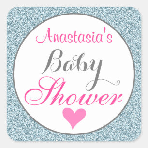 Girly Glam Pink Light Sky Blue Glitter Baby shower Vierkante Sticker
