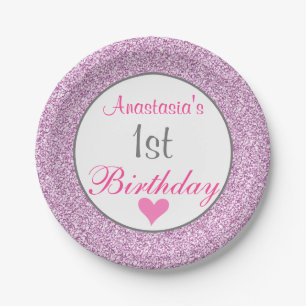 Girly Glam Pink Lila Paars Glitter 1e verjaardag Papieren Bordje