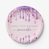 Girly Glam Pink Paars Glitter Drip 13th Birthday Papieren Bordje (Voorkant)
