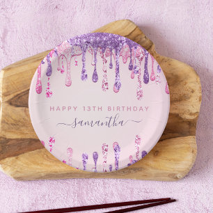 Girly Glam Pink Paars Glitter Drip 13th Birthday Papieren Bordje