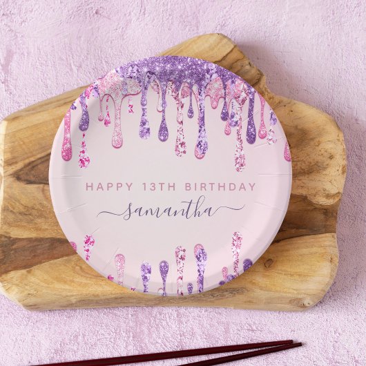 Girly Glam Pink Paars Glitter Drip 13th Birthday Papieren Bordje