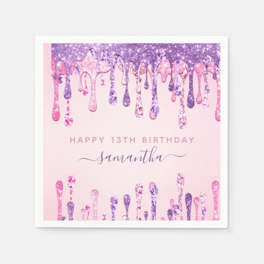 Girly Glam Pink Paars Glitter Drip 13th Birthday Servet (Voorkant)